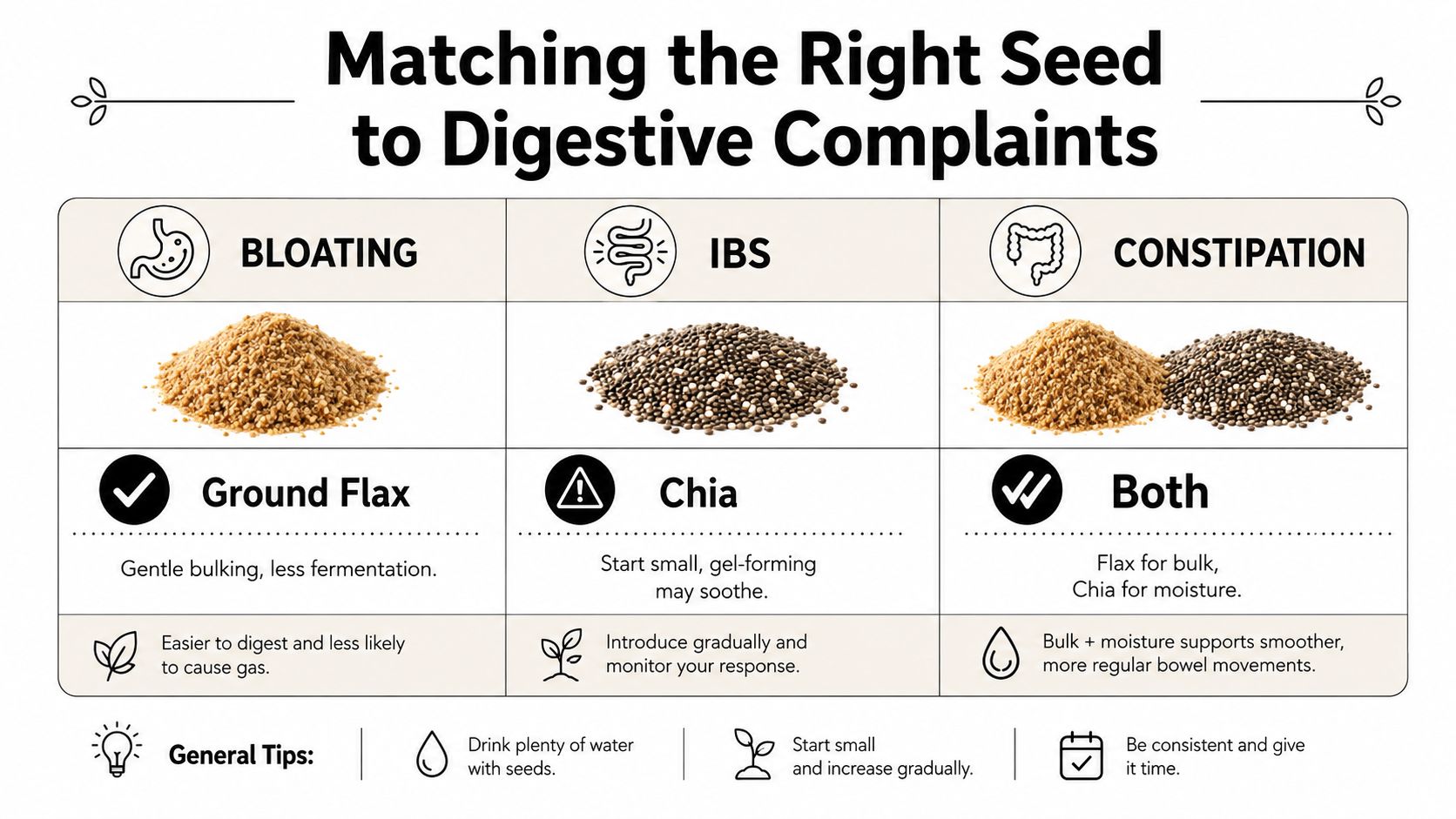 A digestive health infographic comparing the use of ground flax and chia seeds for managing bloating, IBS, and constipation.