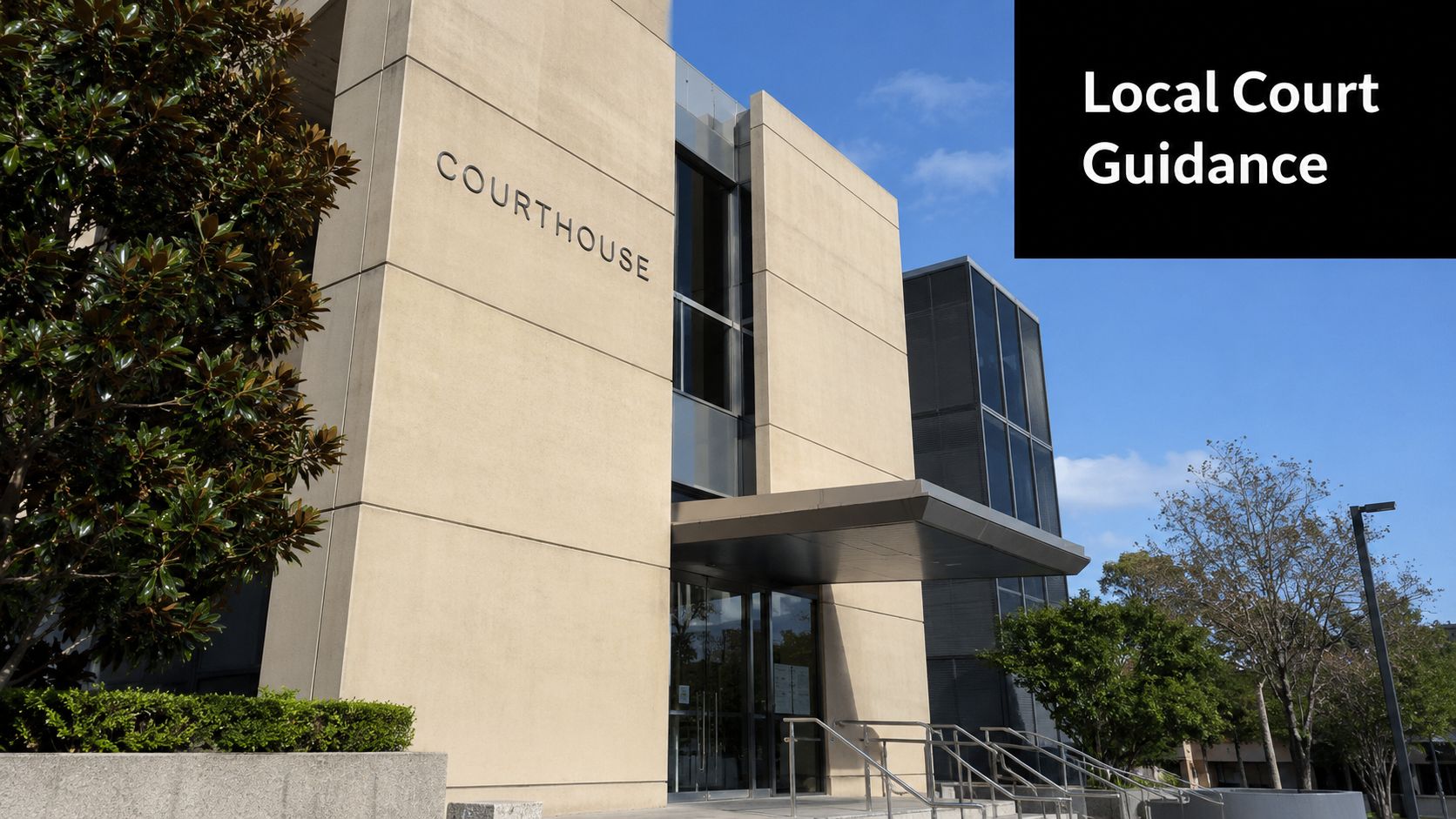 A modern concrete courthouse building exterior on a sunny day with the words Local Court Guidance displayed.