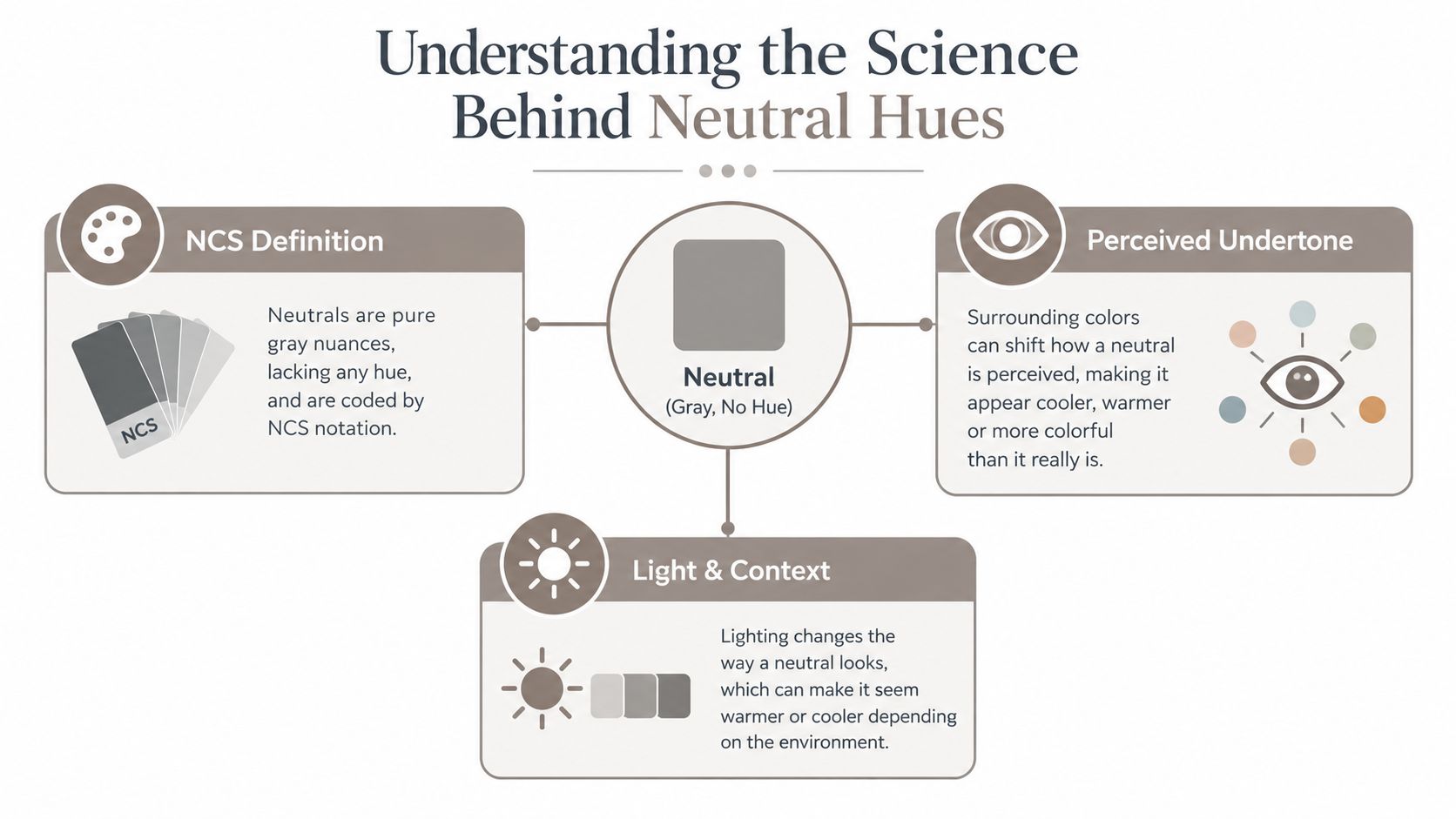 An infographic explaining the science behind neutral hues, covering NCS definitions, perceived undertones, and lighting effects.