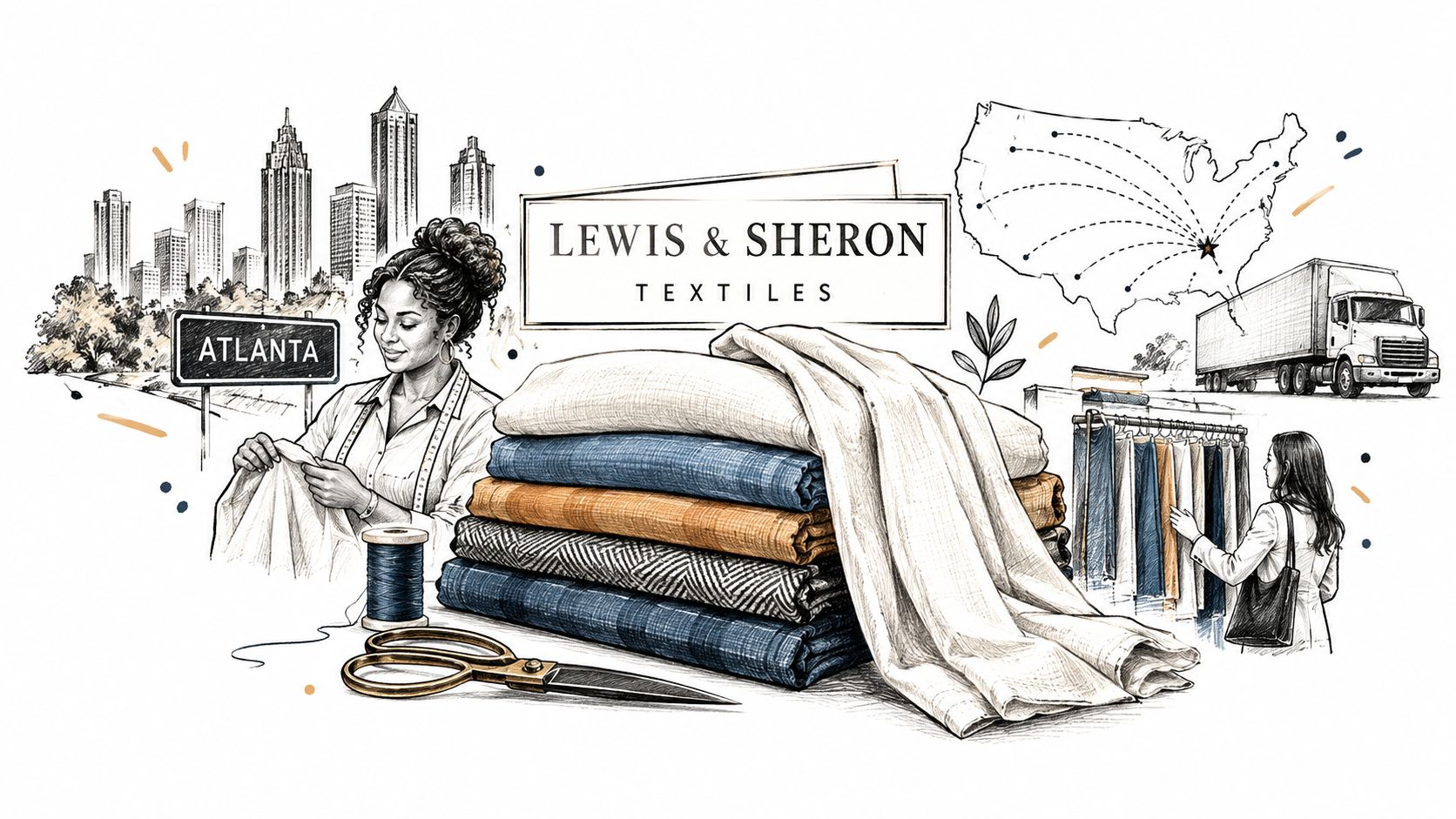A detailed illustration of a textile business featuring fabric bolts, a seamstress, and shipping logistics in Atlanta.
