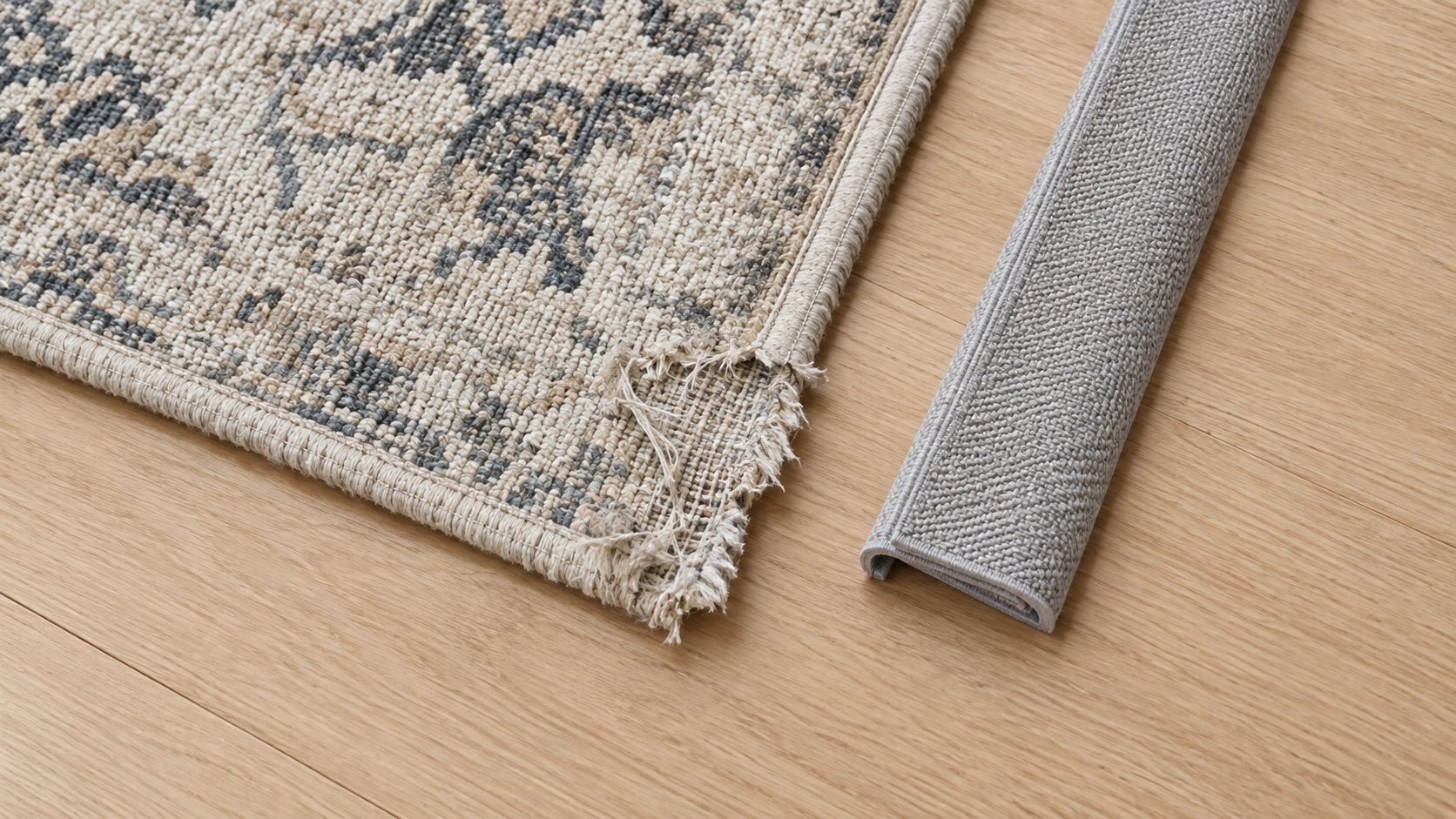 A close-up view of a damaged rug corner laying next to a grey protective rug edge strip.