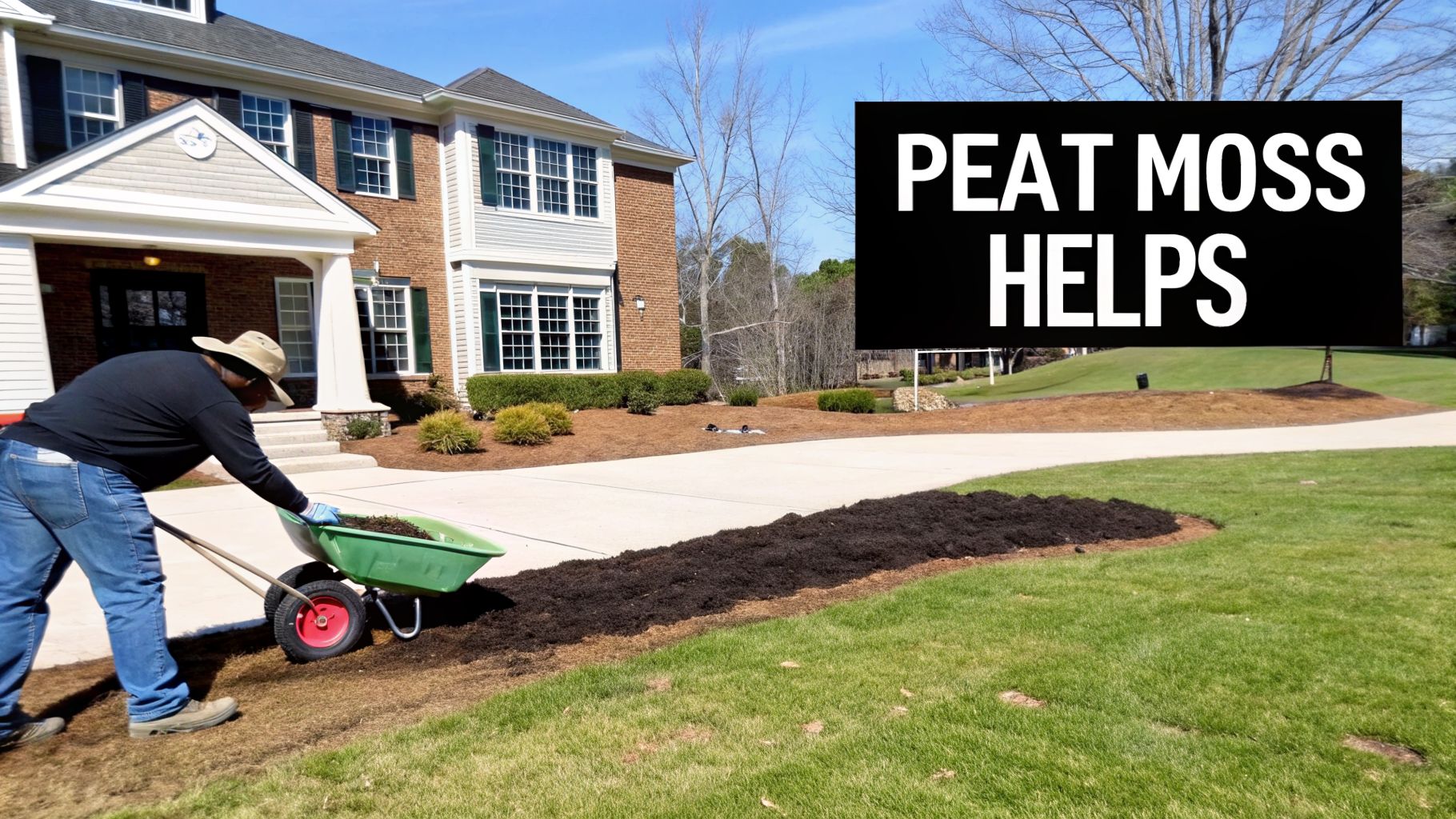 A person spreads peat moss from a wheelbarrow onto a lawn beside a large house.