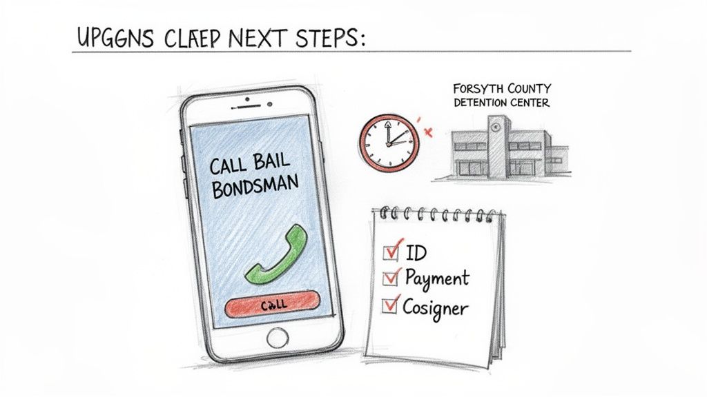 Illustrated steps for bail, showing a phone to call a bondsman, a checklist, and a detention center.