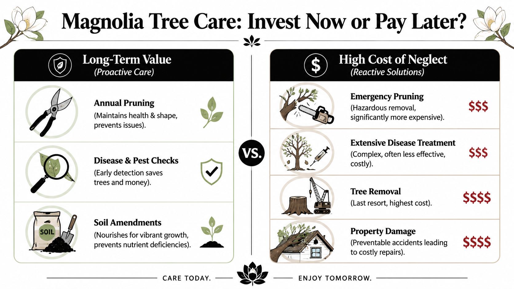 A comparison infographic showing the long-term value of proactive magnolia tree care versus the high cost of neglect.