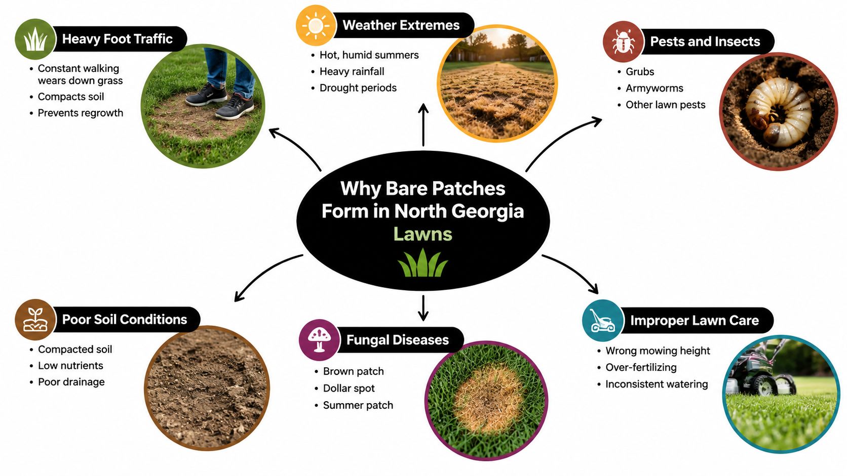 A diagram explaining the various causes of bare patches in North Georgia residential lawn grass areas.