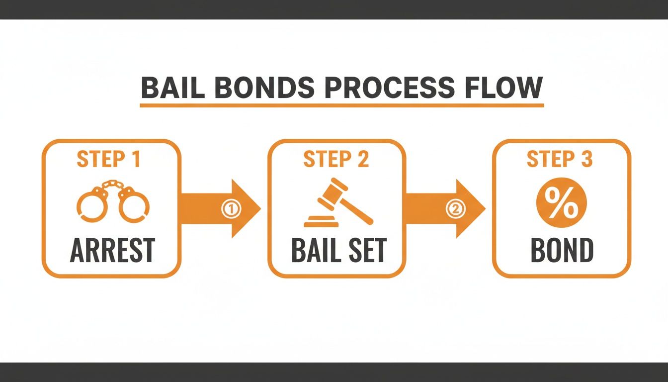 Infographic detailing the bail bonds process flow, showing arrest, bail set, and bond steps.
