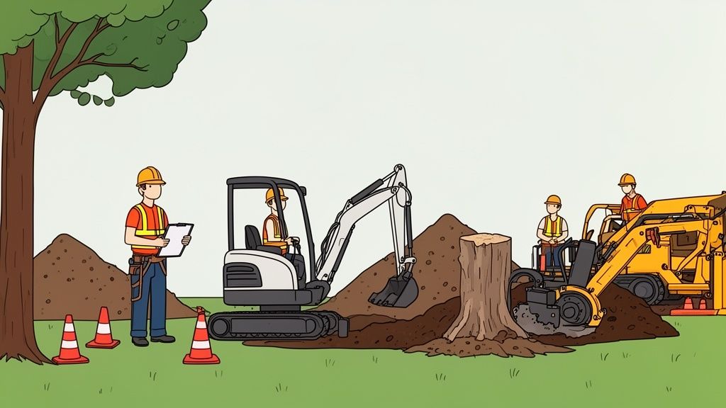 Construction workers preparing a site by excavating earth and removing a tree stump.