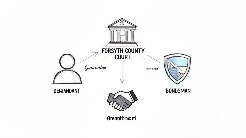 A diagram illustrates the bail bond process involving a defendant, court, and bondsman.