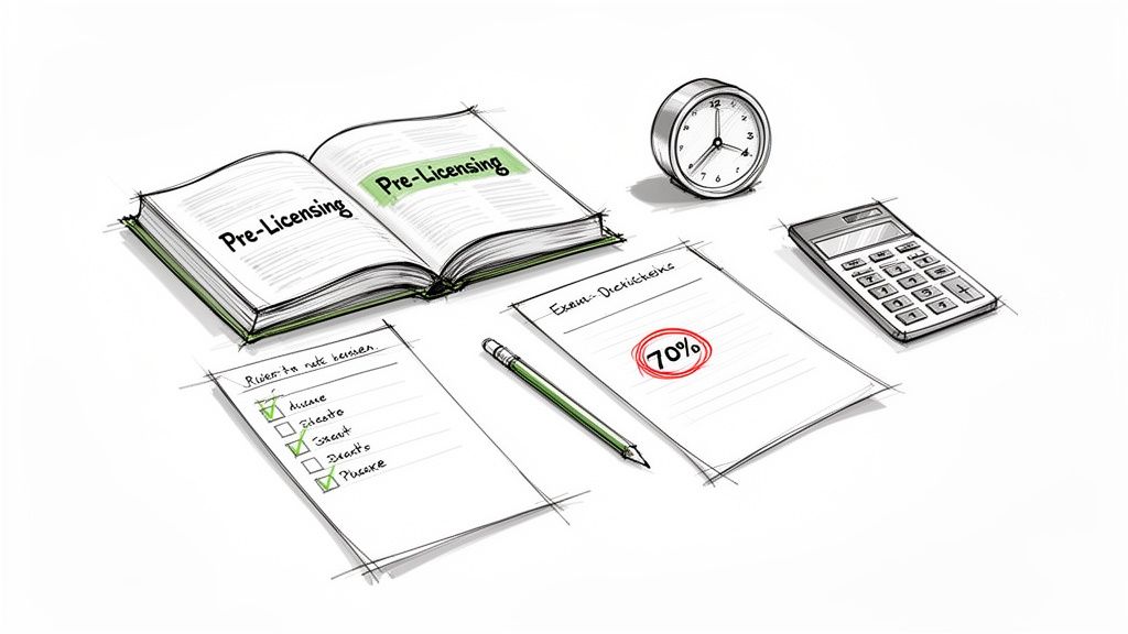 Illustration of study materials: pre-licensing book, checklist, exam with 70%, clock, calculator, and pencil.