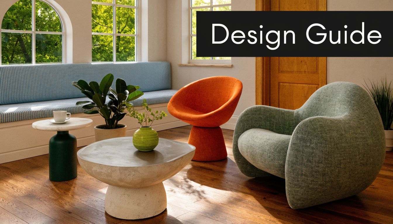 A modern living space featuring a cozy bench, vibrant armchairs, and stylish tables on brown hardwood floors.