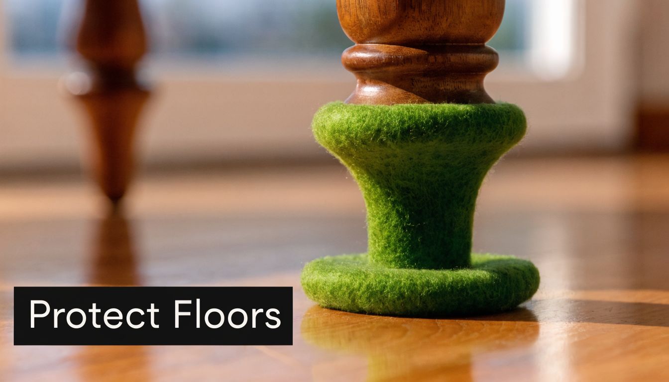 A close-up view of a chair leg protected by a green felt cover on hardwood flooring.