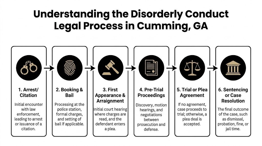 A flow chart illustrating the six stages of the disorderly conduct legal process in Cumming, Georgia.