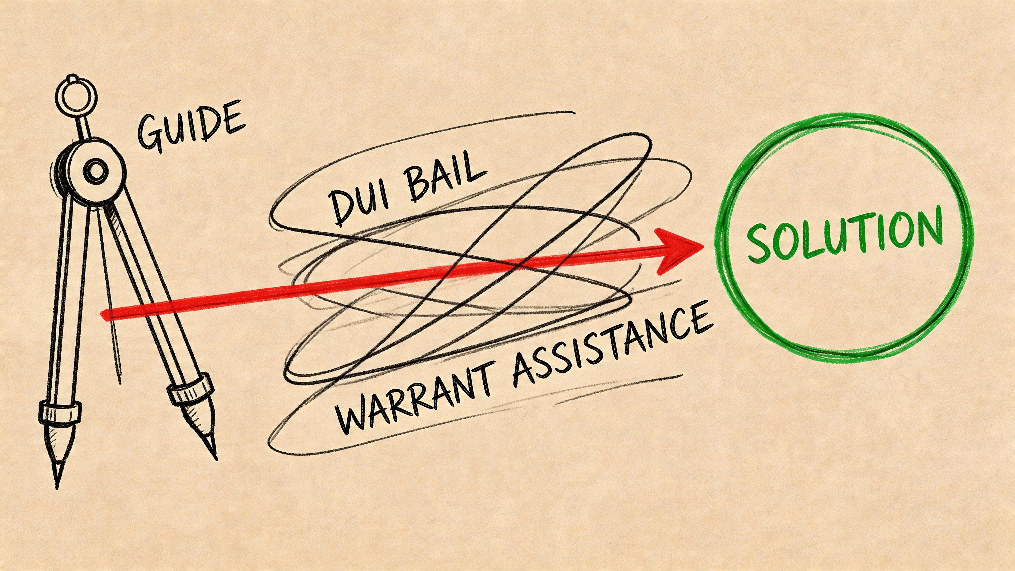 A drawing featuring a compass pointing an arrow through tangled lines towards a circled solution word.