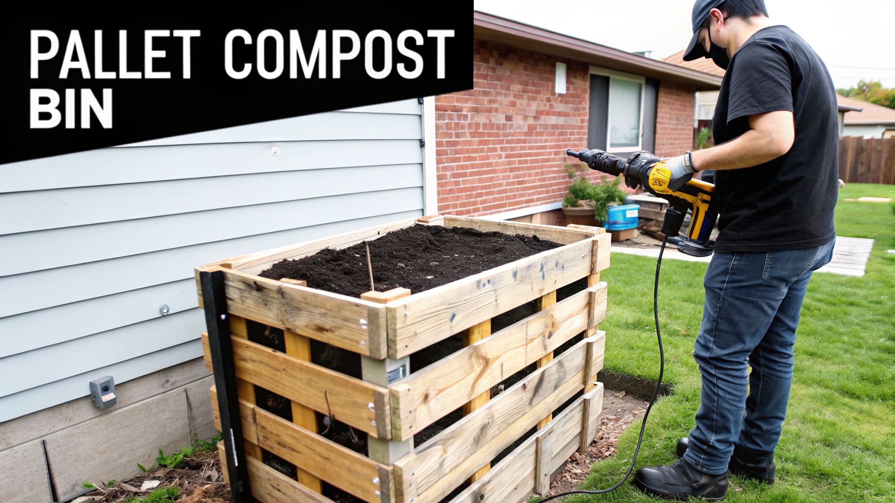 A person using a power tool near a wooden pallet compost bin filled with soil in a backyard.