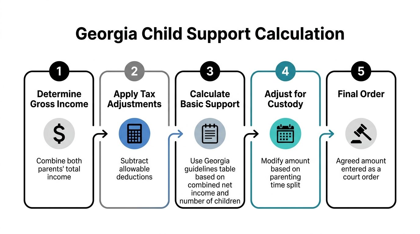 A flowchart showing the five steps of the Georgia child support calculation process from income to order.