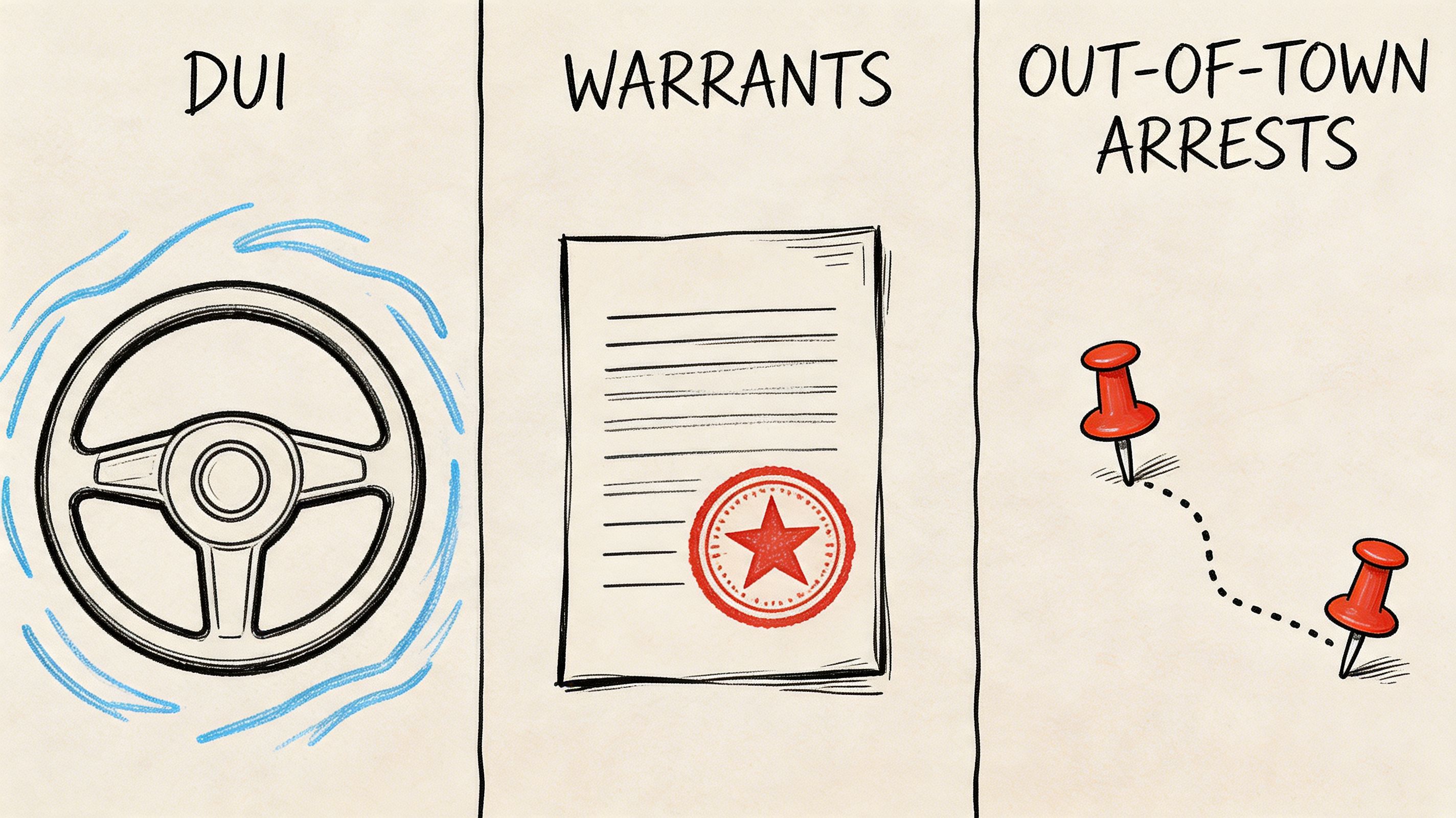 A graphic illustration depicting icons for DUI, legal warrants, and out-of-town arrests for bail services.