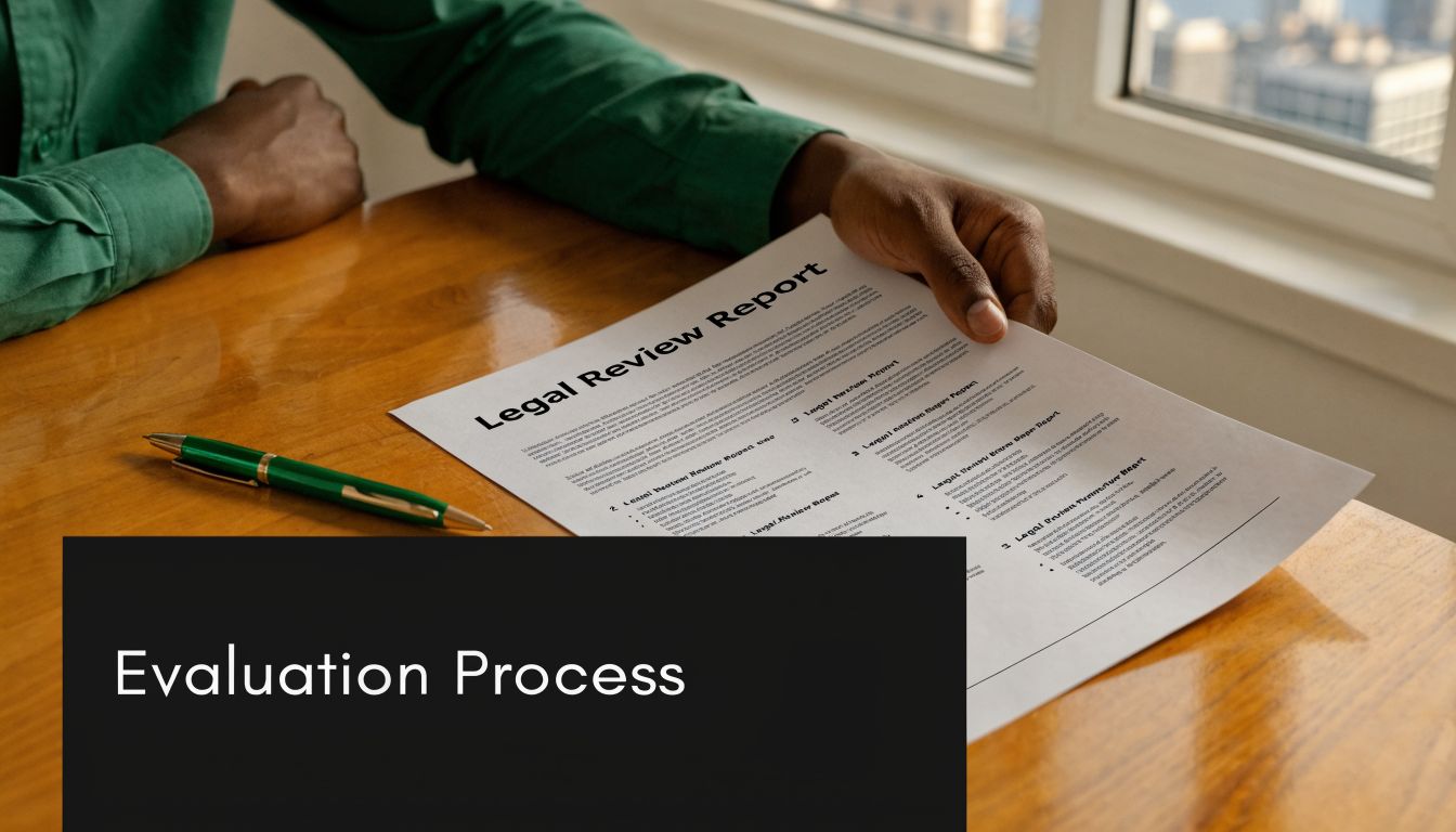 A professional holding a Legal Review Report document while sitting at a wooden desk with a pen.