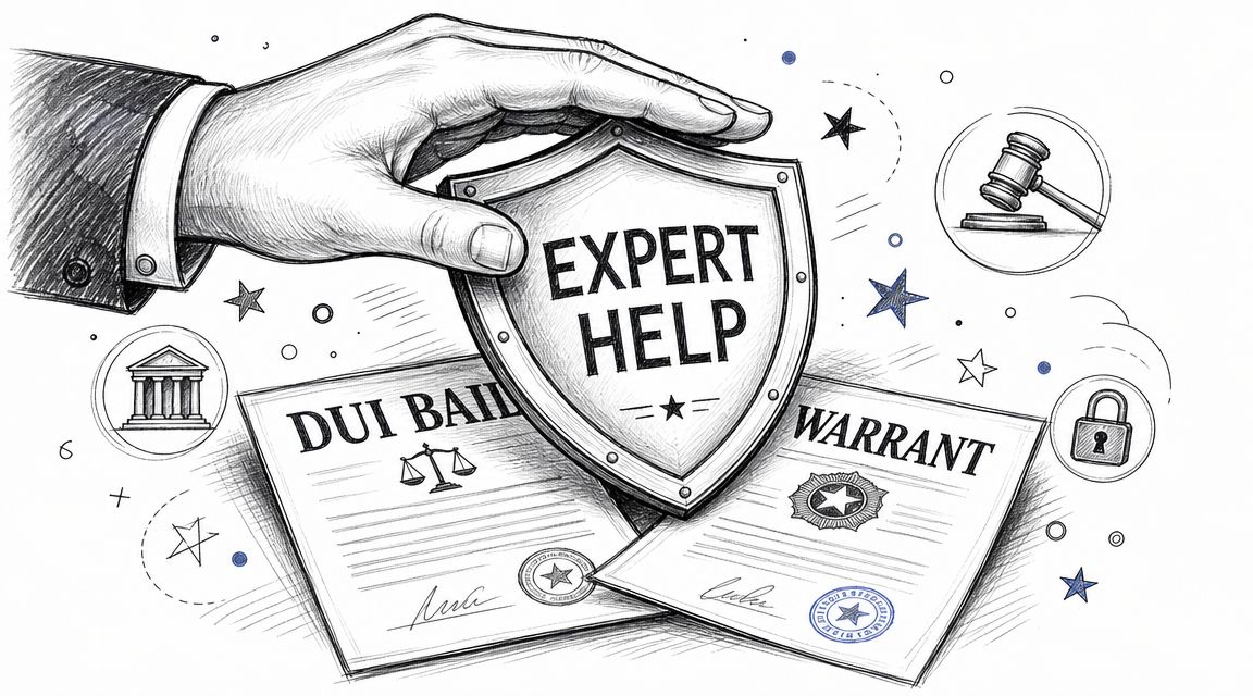 A hand holding a shield labeled Expert Help over legal documents including a DUI bail and warrant paper.
