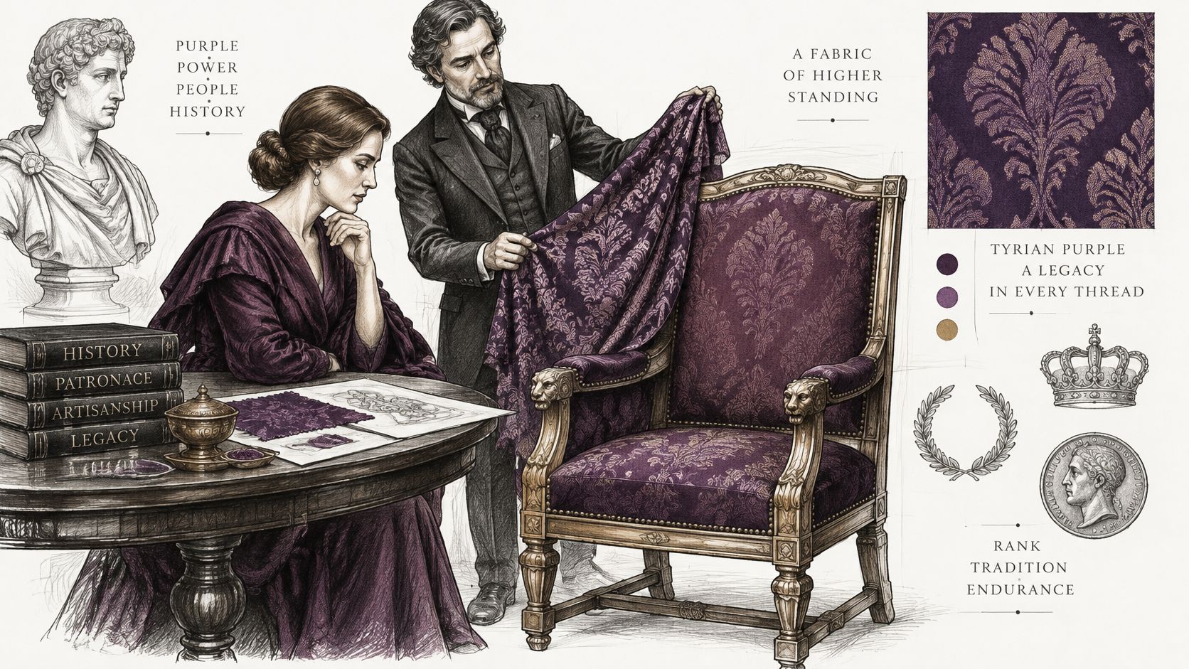 An elegant illustration showing a couple designing furniture with rich purple damask brocade fabric and regal accessories.