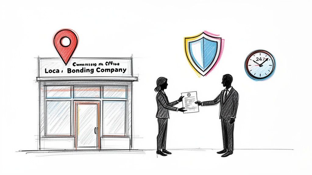 A sketch illustrating a local bonding company with a location pin, two people exchanging documents, a shield for security, and a 24/7 clock.