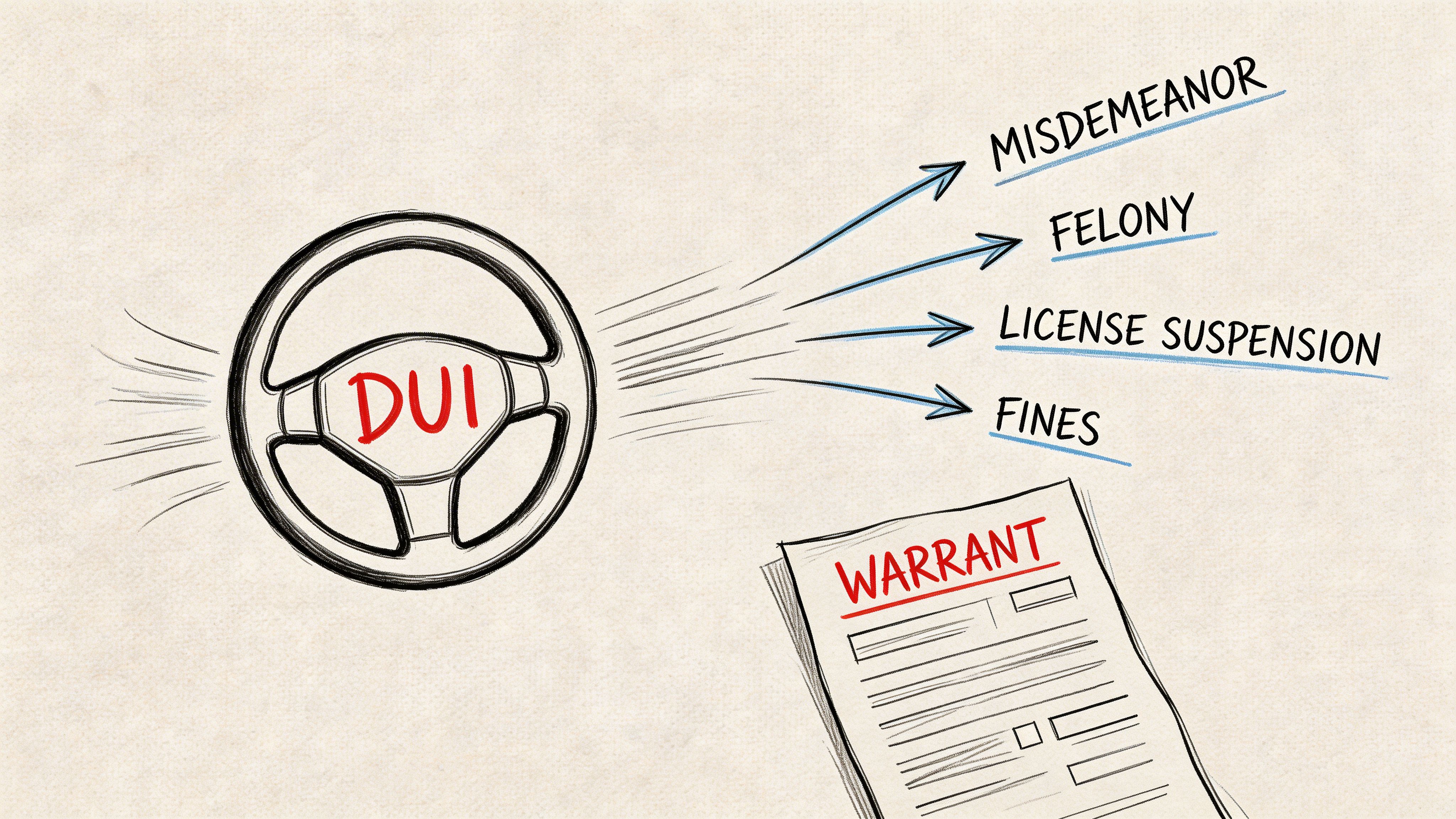 A hand-drawn illustration showing a steering wheel labeled DUI leading to legal consequences and a warrant document.
