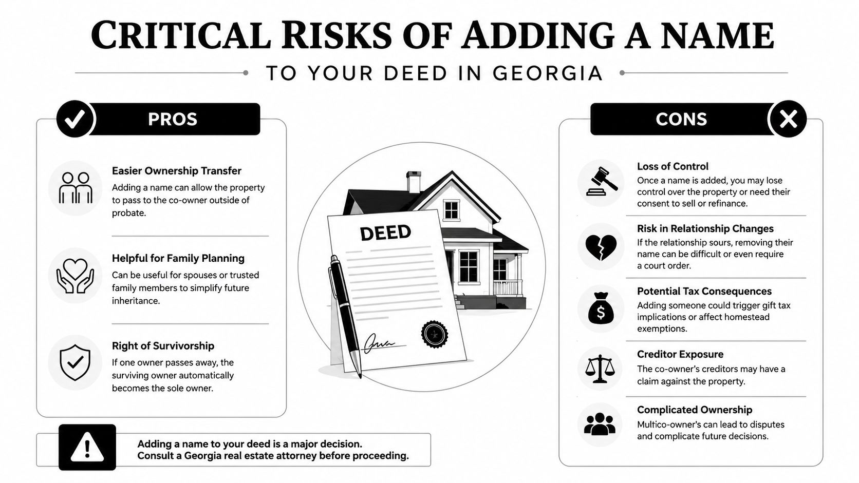An infographic outlining the pros and cons of adding another person's name to a property deed in Georgia.