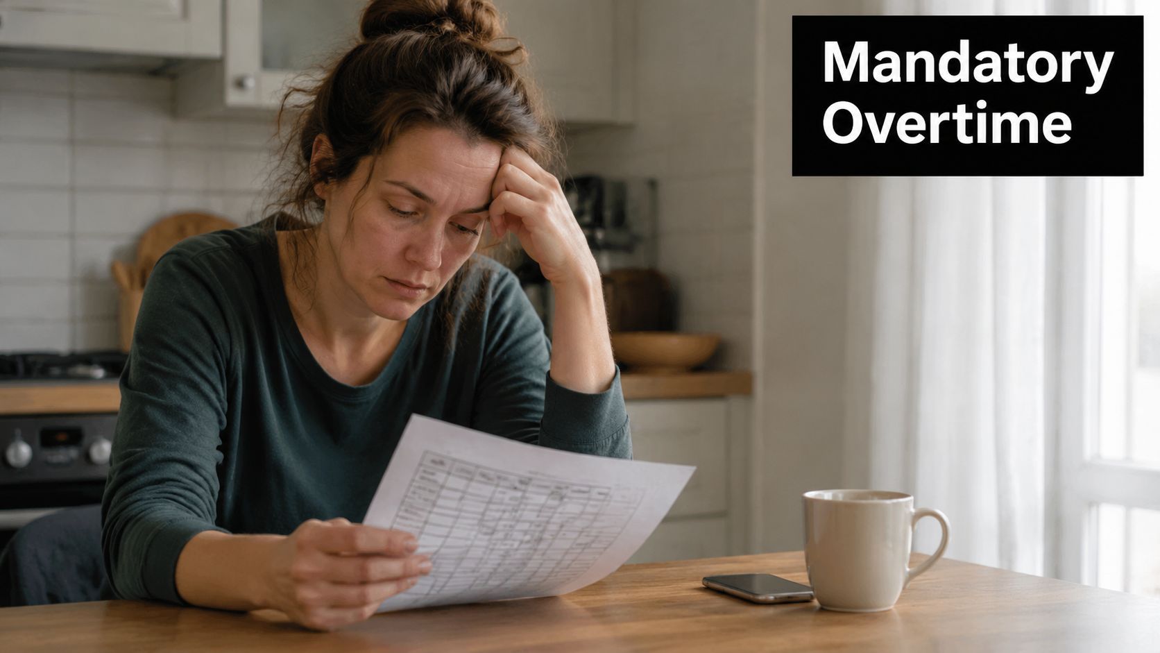A tired woman sits at a kitchen table looking stressed while reviewing a mandatory overtime schedule document.