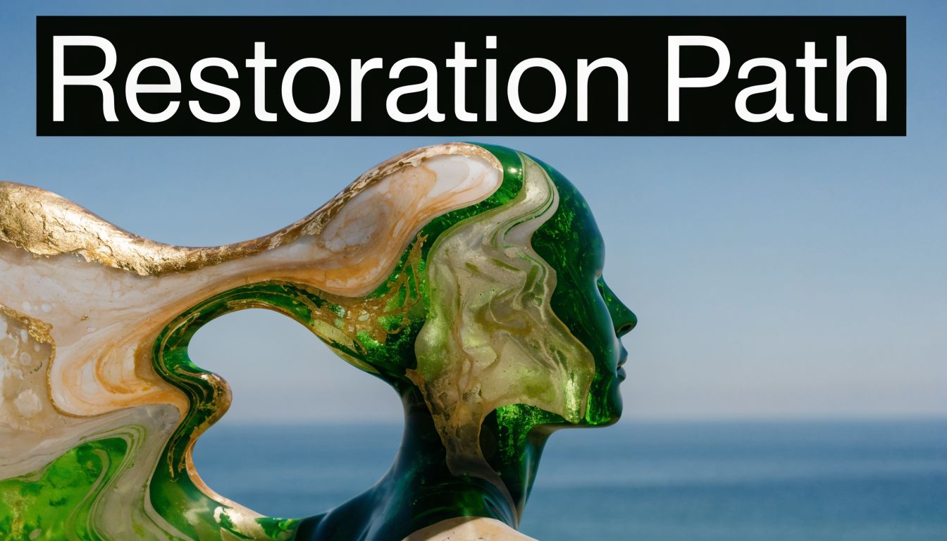 An abstract, translucent green and gold sculpture of a human profile set against a blue ocean background.