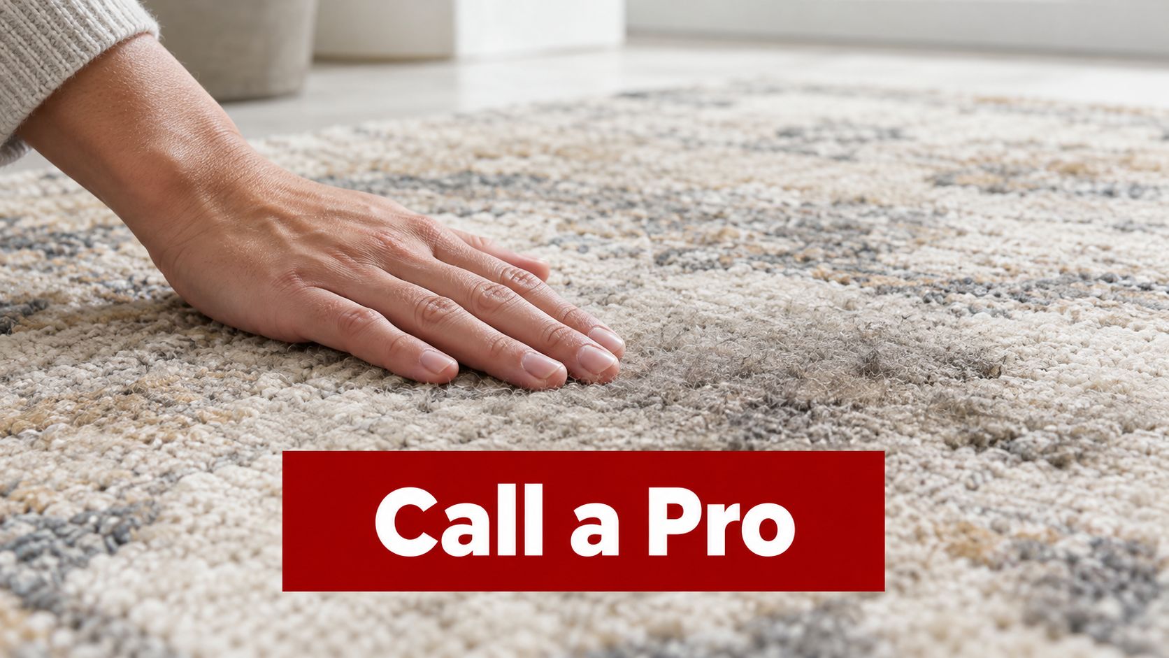 A close-up of a person's hand touching a patterned, high-pile rug with a call a pro sign.