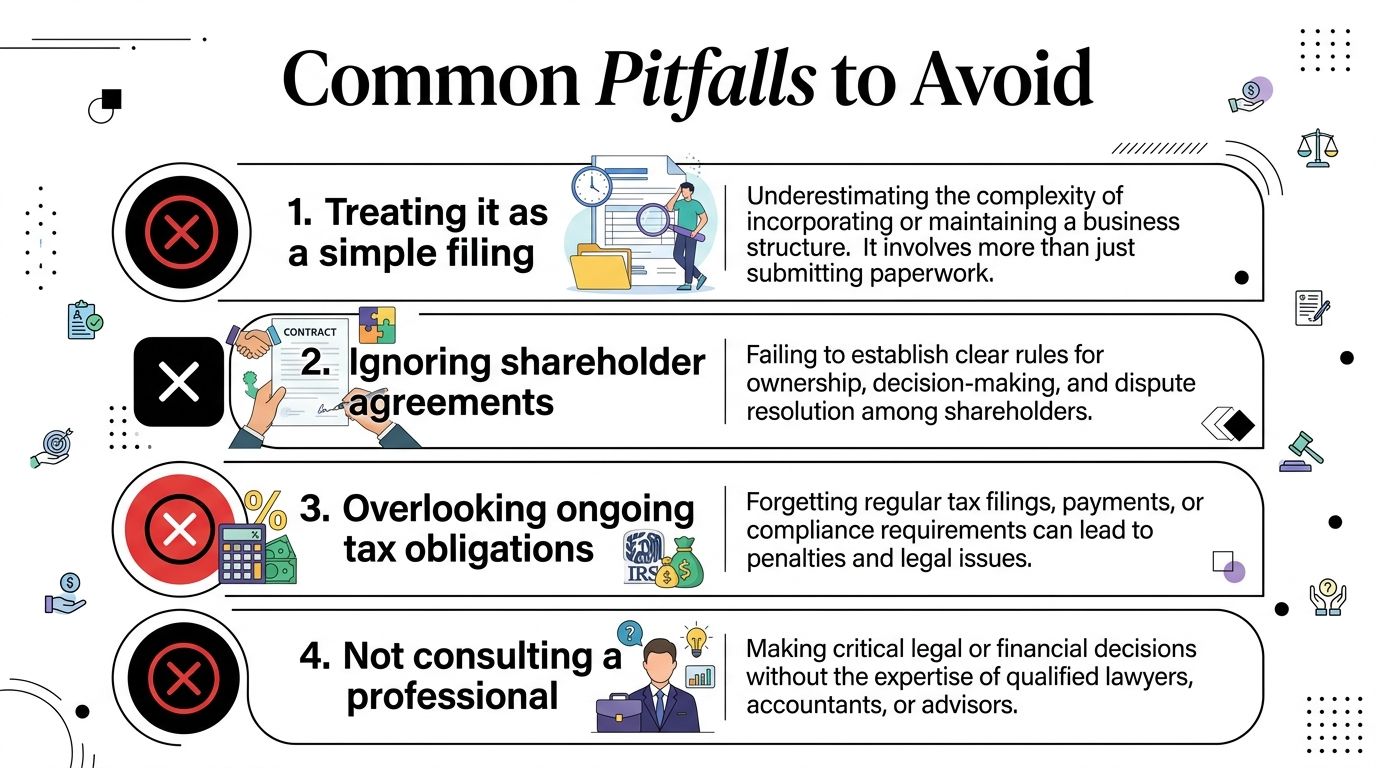 An infographic listing four common legal and financial pitfalls to avoid when starting a business.