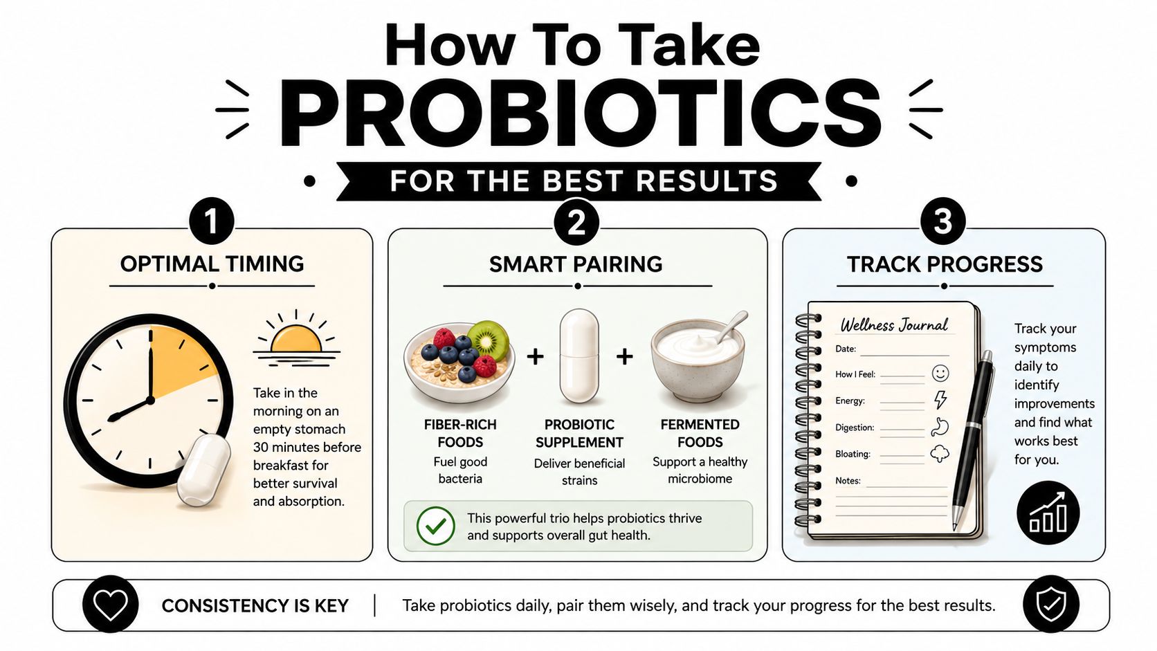 An infographic titled How To Take Probiotics, explaining optimal timing, smart pairing with food, and tracking progress.