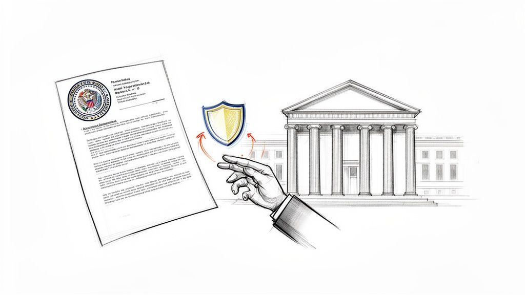 A legal document with a seal, a hand pointing to a shield, and a courthouse building.