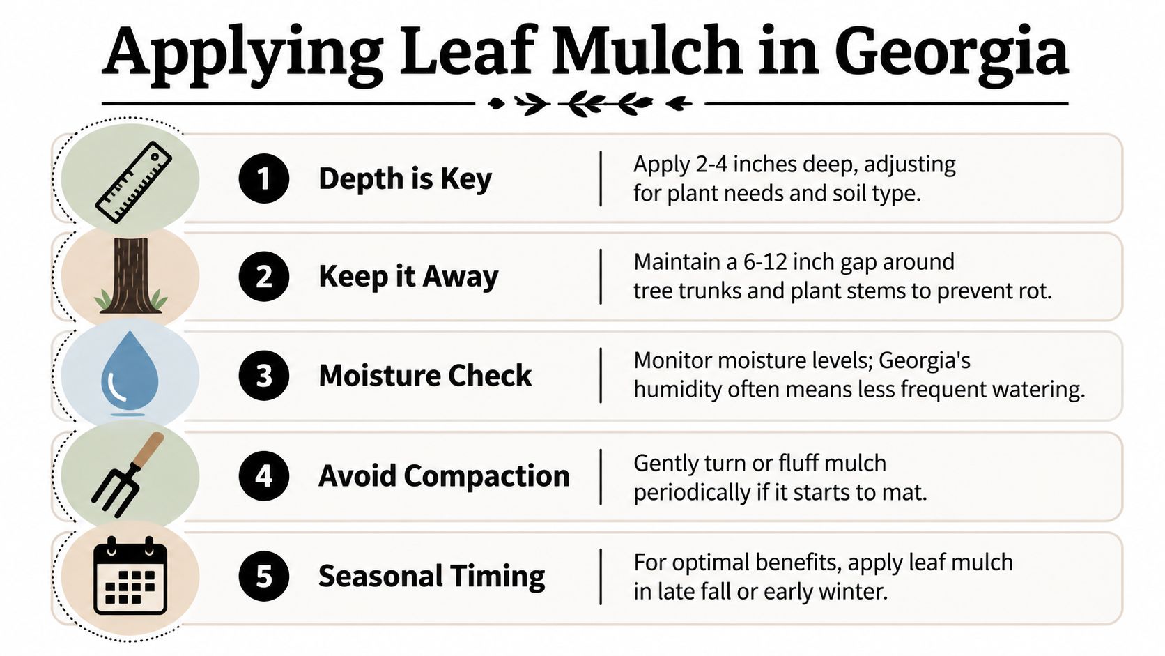 An infographic titled Applying Leaf Mulch in Georgia, illustrating five tips for proper garden mulching techniques.