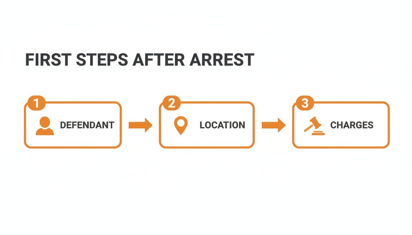 A flowchart titled 'First Steps After Arrest' showing defendant, location, and charges.