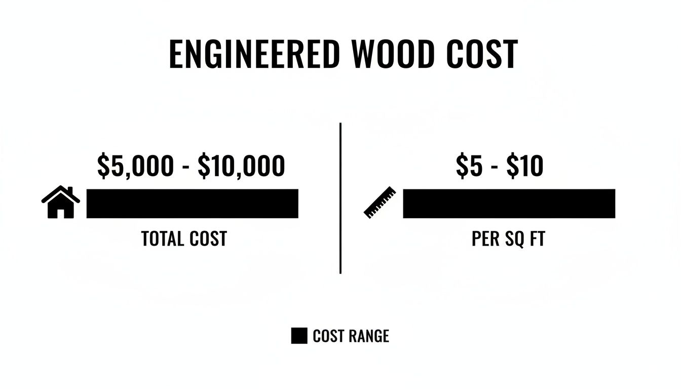 Infographic showing engineered wood flooring costs: total cost ranges from $5,000 to $10,000, or $5 to $10 per square foot.