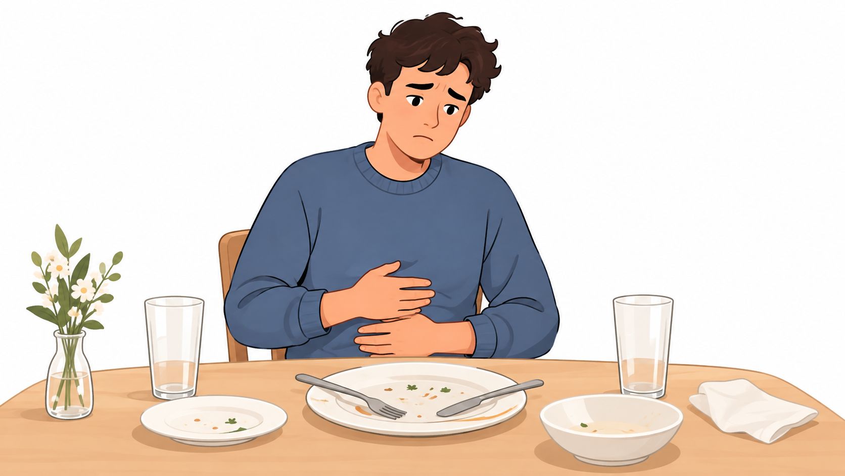 A man sitting at a dining table holding his stomach, showing signs of bloating and discomfort.