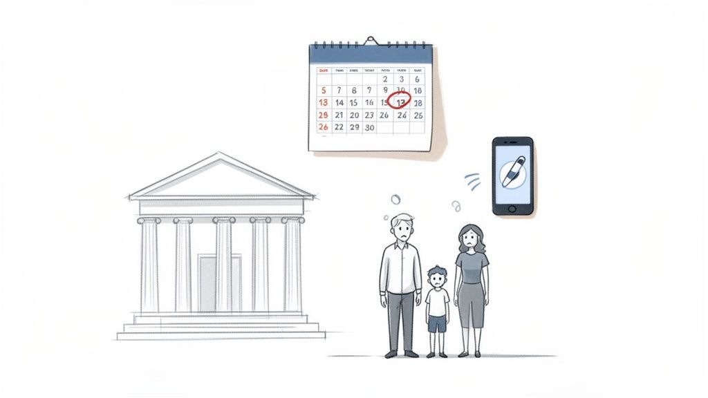 A worried family stands near a court building, looking at a calendar with a circled date and a smartphone showing a pen icon.