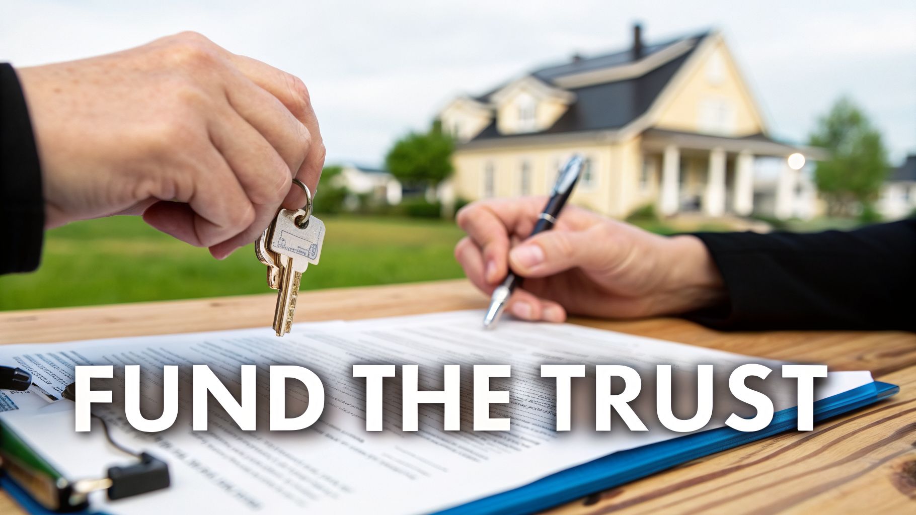 Hands holding keys and signing documents, with a house in the background and 'FUND THE TRUST' text.