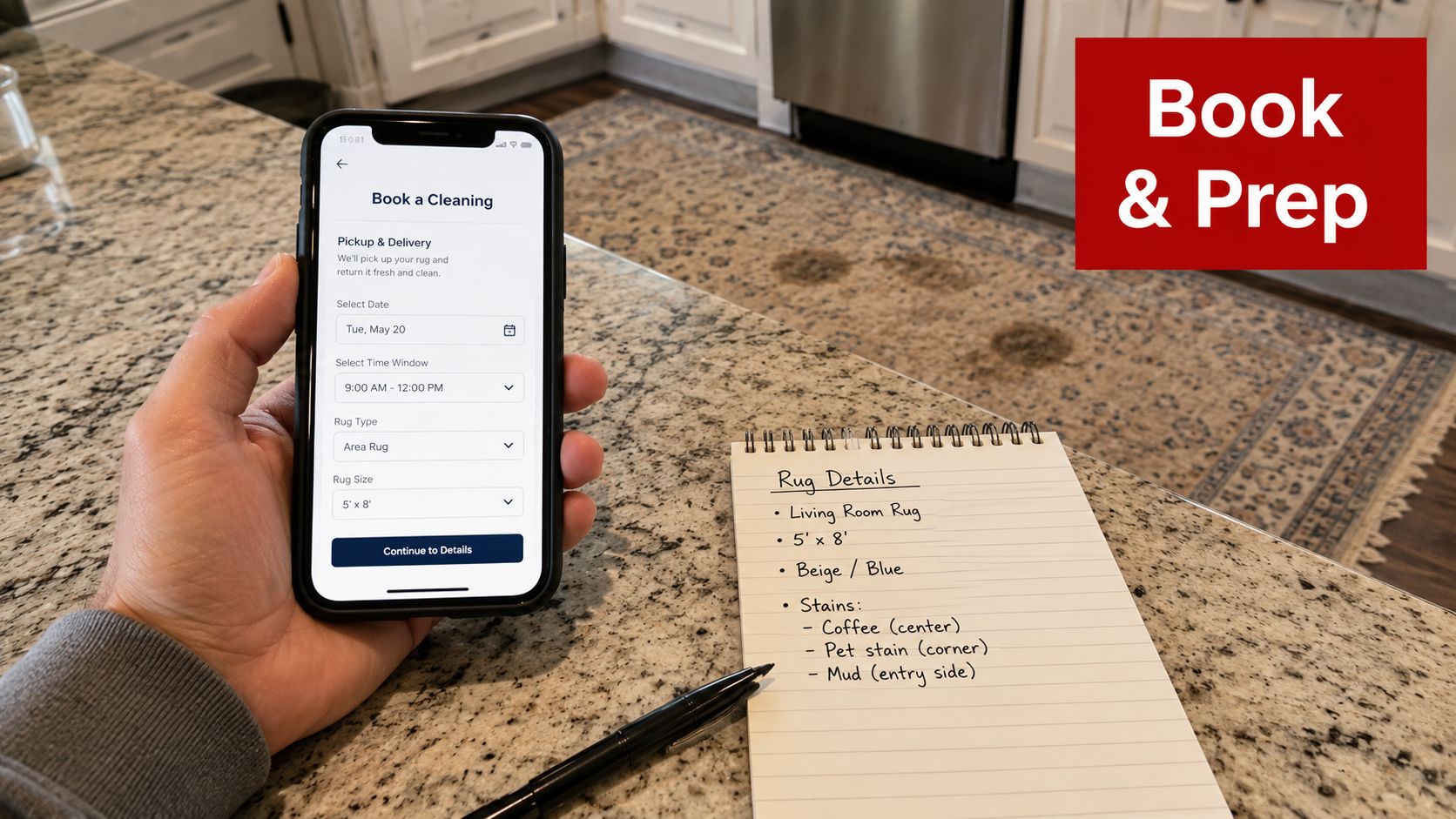 A person holding a phone to schedule area rug cleaning alongside a notebook with rug details.