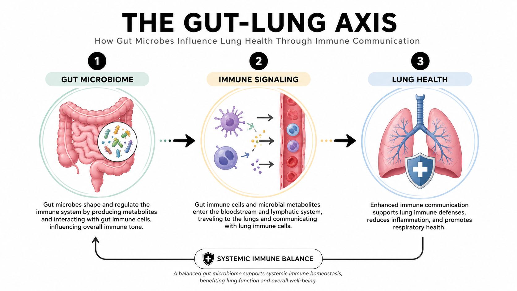 A diagram illustrating the gut-lung axis showing how gut microbes and immune signaling influence respiratory health.