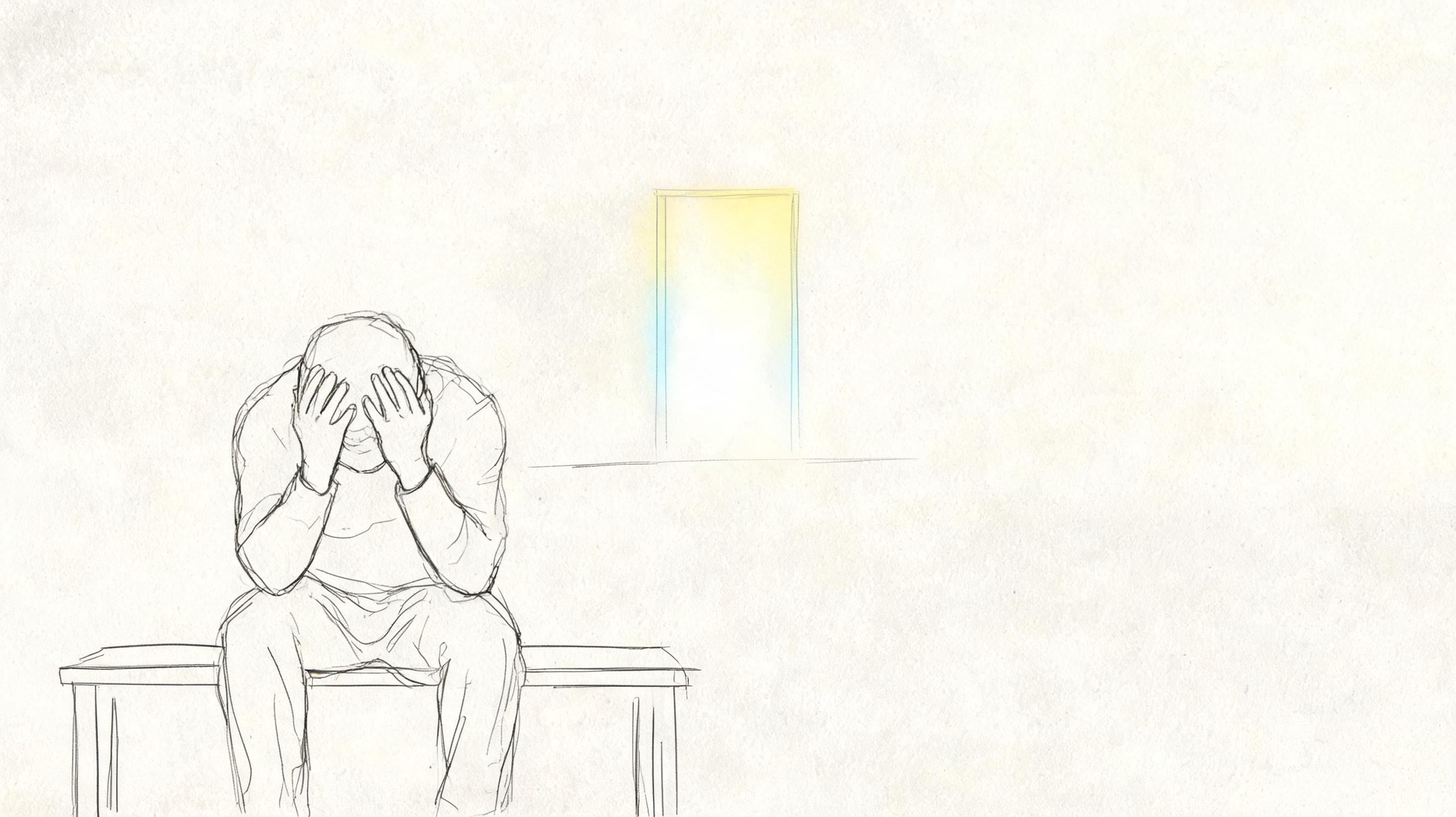 A line art drawing of a person sitting on a bench with their head in their hands.