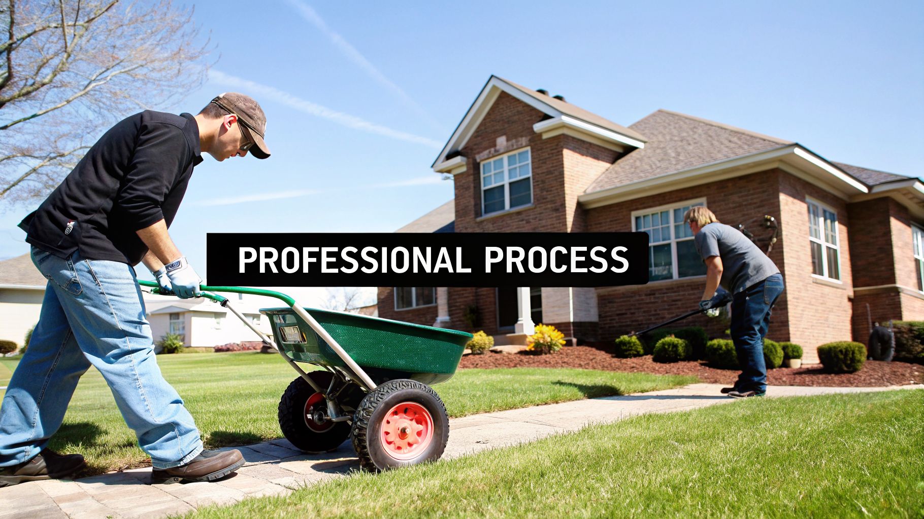 Two men professionally apply top dressing or fertilizer to a green lawn in front of a brick house.