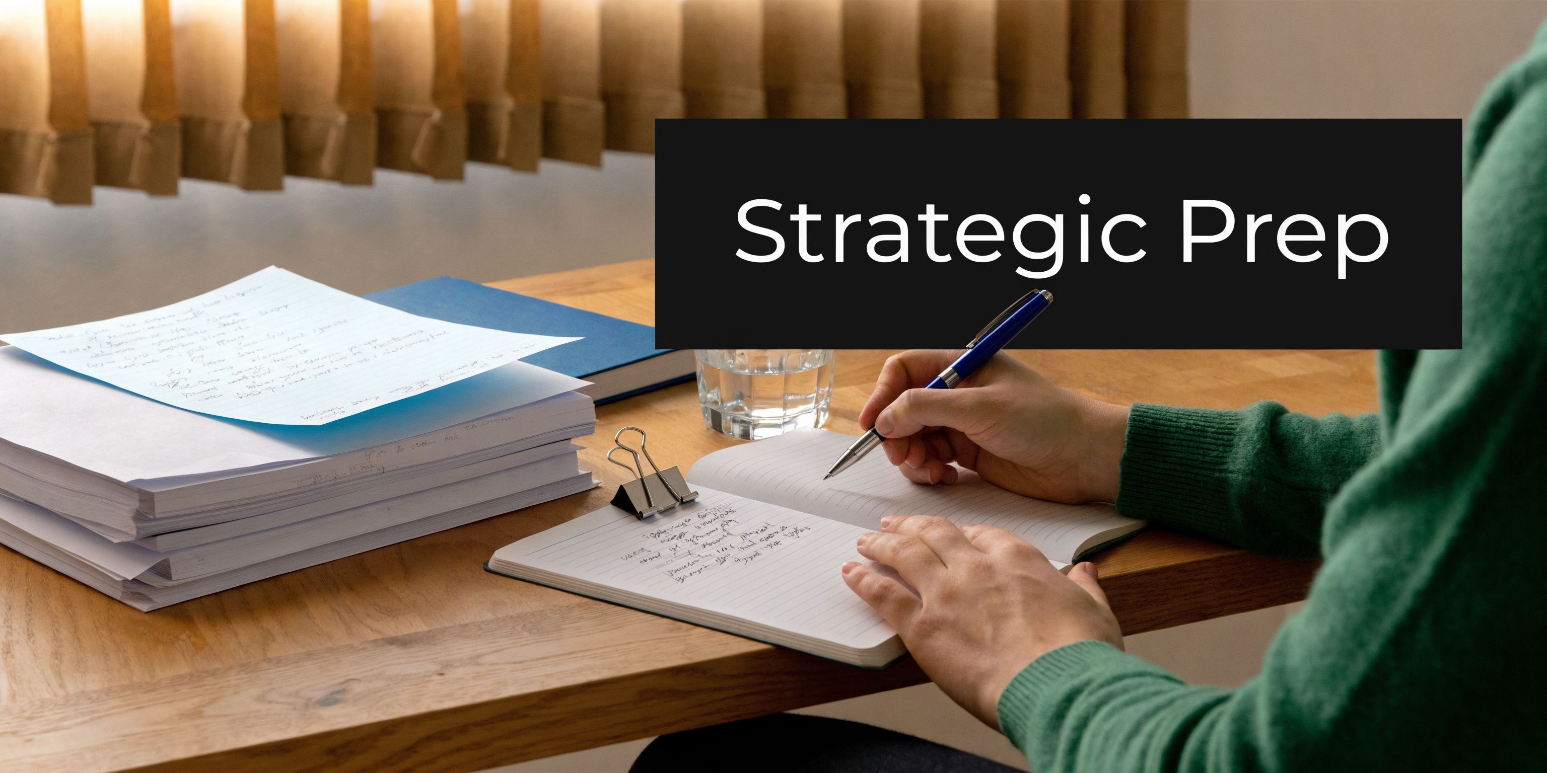 A person in a green sweater writing notes in a notebook on a desk for strategic preparation.