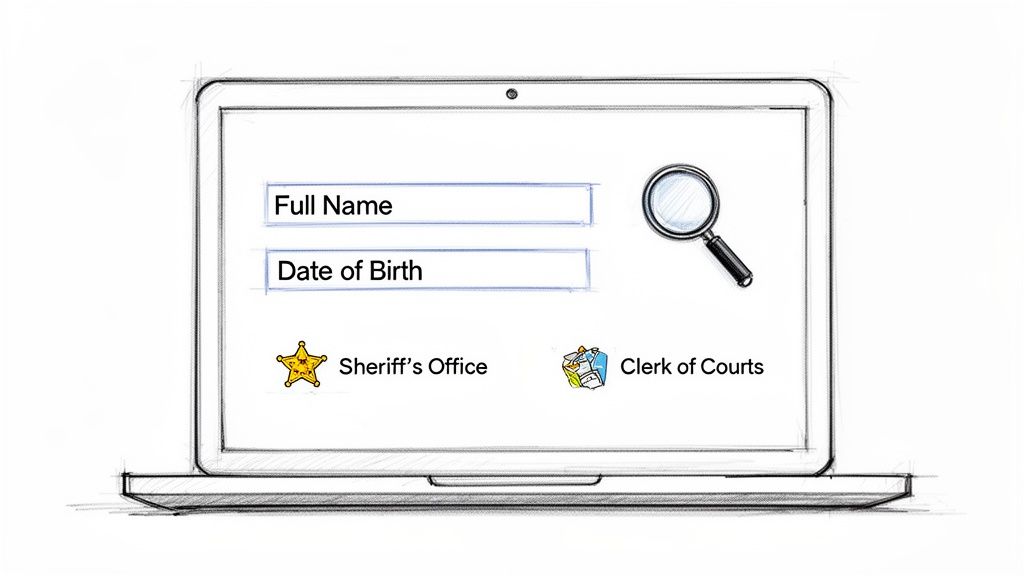 Digital sketch of a laptop screen with name and date of birth search fields for legal record lookups.