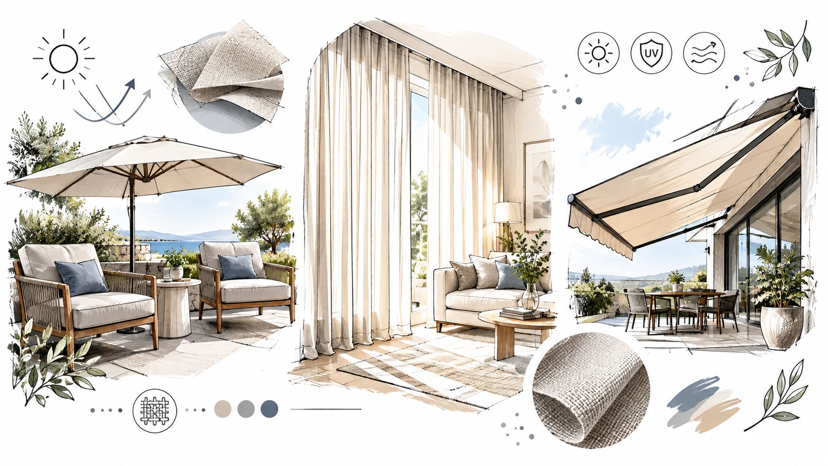 A digital illustration showing outdoor furniture, indoor curtains, and awnings with fabric swatches and sun protection icons.