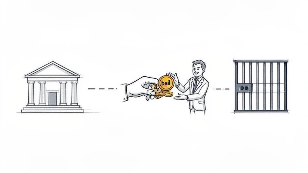 An illustration showing a building, a hand giving 'bail' coins to a man, and a jail cell, depicting the bail process.