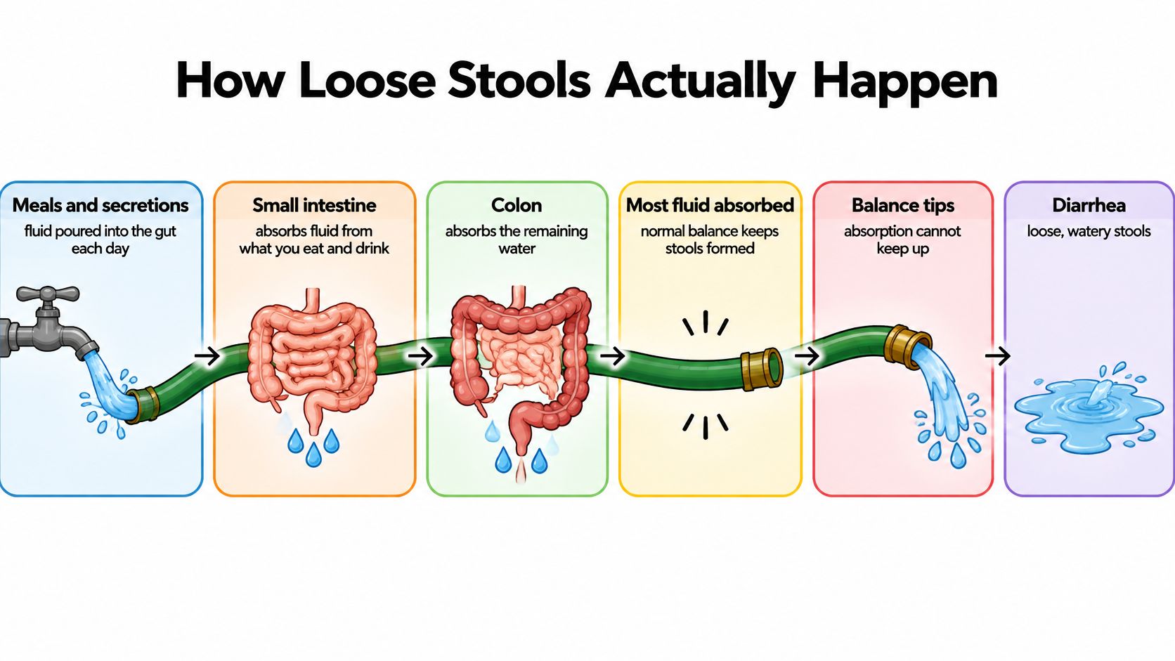 A flow chart illustration explaining how fluid absorption in the gut leads to loose stools or diarrhea.