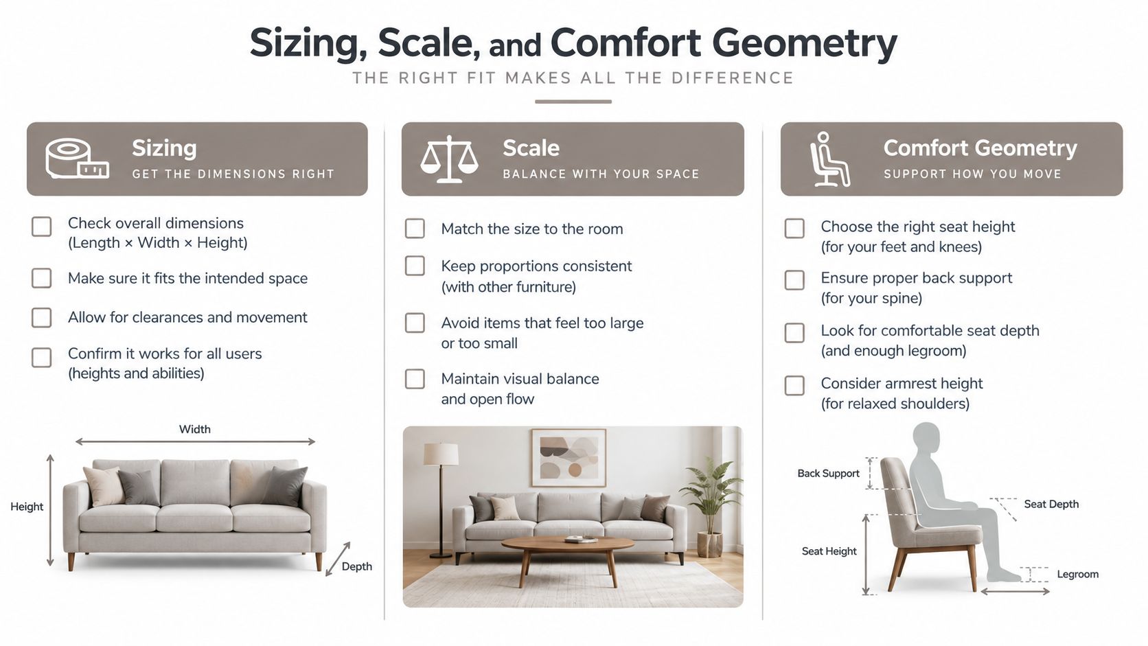 An infographic illustrating how to measure a sofa, considering sizing, scale, and comfort geometry for furniture.