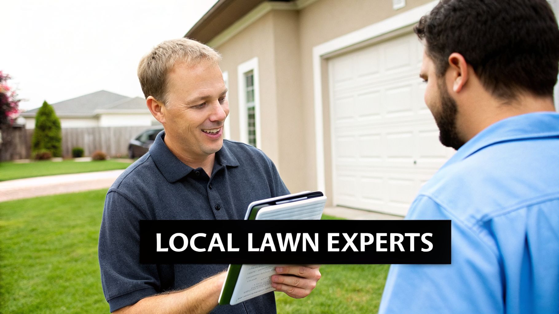 A smiling lawn expert in a polo shirt discusses services with a homeowner, holding a clipboard.