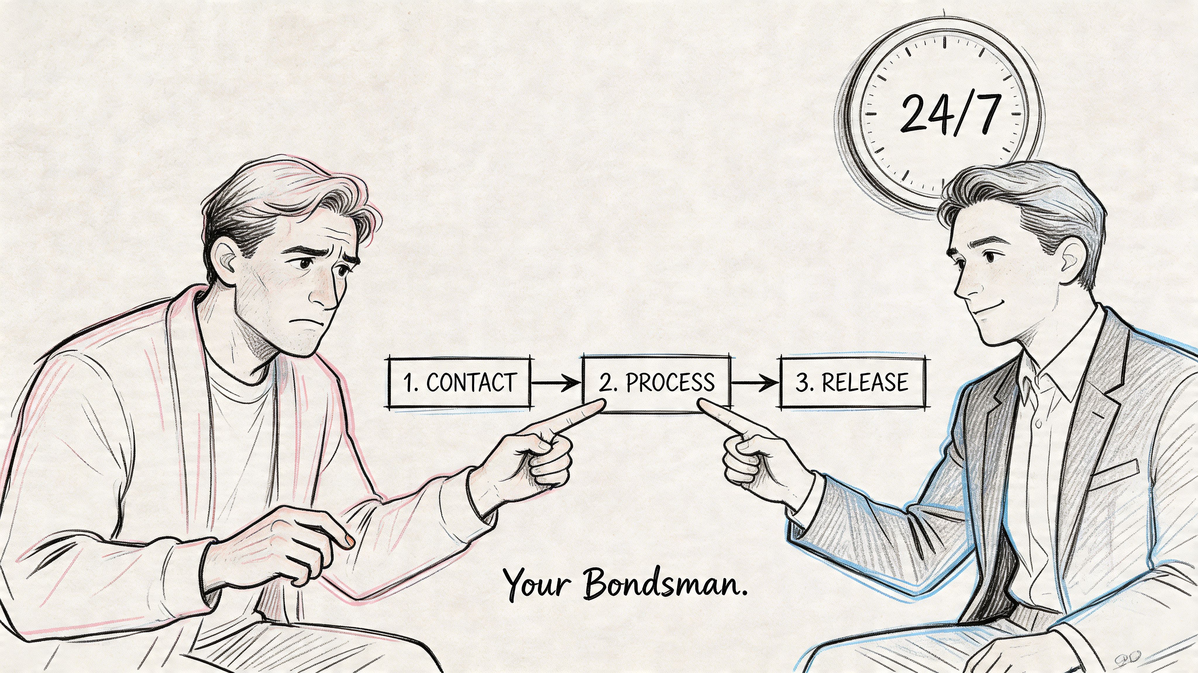 A bail bondsman in a suit helping a concerned man through a three-step bail release process.